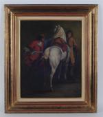 ECOLE FRANCAISE du 18ème siècle. "Cavalier au cheval blanc", huile...