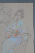 ECOLE FRANCAISE vers 1900. "Femme à la guitare", fusain et...