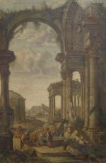 ÉCOLE ITALIENNE vers 1800 suiveur de PANINI.  "Ruines animées"...