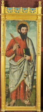 ECOLE ESPAGNOLE vers 1500. "Saint Bartholomé", panneau renforcé. 135 x...