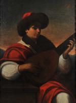ECOLE ITALIENNE du XVIIème siècle. "Jeune homme jouant du luth",...