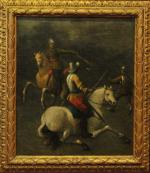 ECOLE FLAMANDE du XVIIème siècle. "Soldats et cavaliers", fragment de...