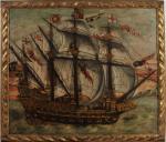 ECOLE FRANCAISE du XVIIème siècle. "Caravelle en mer", panneau, trois...