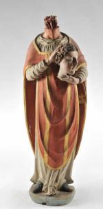 STATUE en bois sculpté polychrome représentant un Saint céphalophore, sa...