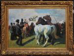 KINGHAM LACHEVRE Alice (1888-?). "Le marché aux chevaux", huile sur...
