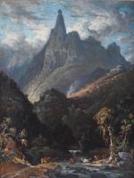 BERARD, Evremond (de) (1824-1881) (attribué à). "Montagne, vache et rivière...