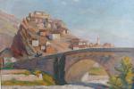 REMY, Paul. (1897-1981). "Paysage corse au village et pont". Huile...