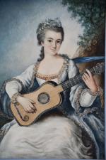 ECOLE vers 1900. Femme à la guitare. Grande miniature. 21...