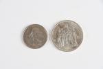 MONNAIES (deux) argent : 10 francs Hercule 1965 et 5...