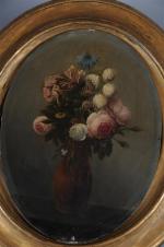 ECOLE FRANCAISE vers 1900. "Bouquet sur un entablement", huile sur...