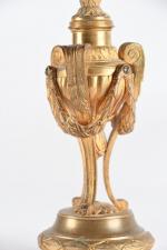 URNES (paire d') en bronze doré forme balustre cannelé coiffées...