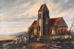 ECOLE ROMANTIQUE vers 1830. "Noce devant l'église", huile sur toile....