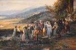 ECOLE ROMANTIQUE vers 1830. "Noce devant l'église", huile sur toile....