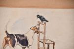 C. de LA ROCHETTE (début XXème). "Chien et corbeau", aquarelle...
