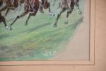 VJ. COTLISON, début XXème siècle. "Course à Chantilly", aquarelle signée...
