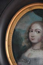 MINIATURE ovale. « Portrait de jeune femme aux anglaises »...