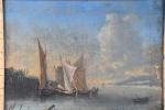ECOLE FLAMANDE du XVIIIème siècle. "Voiliers au port", huile sur...