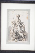 ECOLE ITALIENNE du XVIIIème siècle. « Allégorie lions à ses pieds »,...