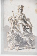 ECOLE ITALIENNE du XVIIIème siècle. « Allégorie lions à ses pieds »,...