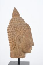 ASIE (moderne). "Divinité", tête en pierre reconstituée sculptée. Sur socle....