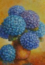 WINZENRIET Eric (contemporain). "Contraste d'hortensias bleu sur fond chaud", huile...