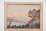 ECOLE GERMANIQUE du XIXème siècle. Paysage lacustre. Aquarelle sur papier....
