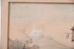 ECOLE GERMANIQUE du XIXème siècle. Paysage lacustre. Aquarelle sur papier....