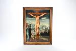 ECOLE ROMAINE vers 1540. "Christ en croix avec la Vierge...