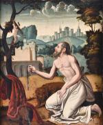 ECOLE ESPAGNOLE vers 1550. "Saint Jérôme en prière", panneau de...