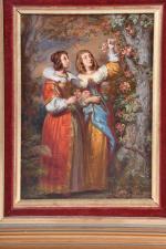 SAINT-EVRE, Gillot (1791-1858). Deux jeune femme cueillant des fleurs. Huile...