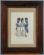* FAUQUET (19ème). "Trois soldats d'infanterie", aquarelle signée et datée...