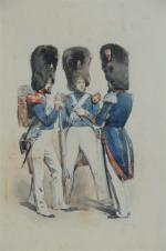 * FAUQUET (19ème). "Trois soldats d'infanterie", aquarelle signée et datée...
