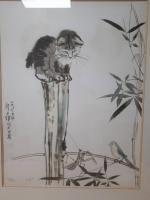 David KWO - chat et oiseau, lithographie encadrée sous verre...