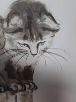 David KWO - chat et oiseau, lithographie encadrée sous verre...