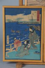 JAPON (20ème). Trois pièces encadrées, estampes sur papier de riz.