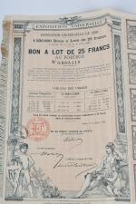 2 exemplaires de "Bon à Lots de 25 Francs Exposition...