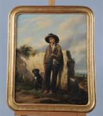 SWEBACH, Edouard (1800-1870). Jeune rabatteur avec son chien. Huile sur...