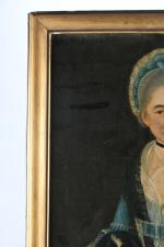 ECOLE FRANCAISE du XVIIIème siècle. "Portrait de femme au chien",...