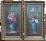 LAMY. "Bouquet", paire d'huiles sur toile. 59,5 x 27 cm