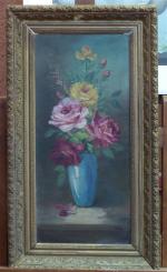 LAMY. "Bouquet", paire d'huiles sur toile. 59,5 x 27 cm