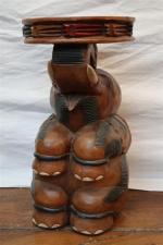 TABOURETS (Deux) en bois sculpté en forme d'éléphant. travail indonésien...