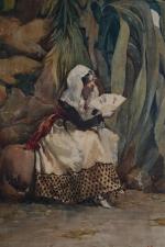 CORELLI, Augusto (1853-1918). Femme à l'éventail. Aquarelle signée en bas...