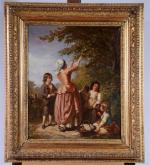 LAMARQUE, Jane vers 1830. La cueillette avec les enfants. Huile...