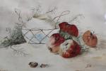 ECOLE MODERNE. "Nature morte aux pommes", aquarelle signée des initiales...