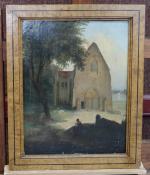 ECOLE FRANCAISE 19ème siècle, "Paysage à l'église animé" huile sur...