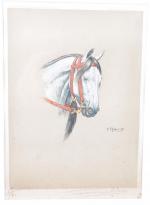 Francisque REBOUR. "Tête de cheval arabe", gravure signée dans la...