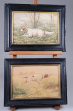 Frederic MASSON (XIX-XX). "Chiens de chasse", paire d'aquarelles encadrées. 17x26...