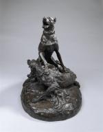 Charles du PASSAGE (1848-1926). "Chien terrassant un loup", bronze à...