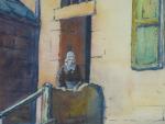 BIGET Paul (20ème). "Rue de village animée en Bretagne", aquarelle...