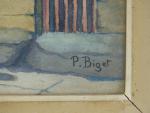 BIGET Paul (20ème). "Rue de village animée en Bretagne", aquarelle...